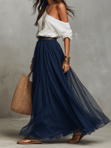 Effortless Deep Navy Flowy Maxi Skirt