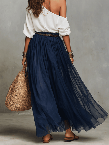 Effortless Deep Navy Flowy Maxi Skirt