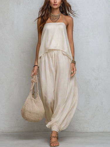 Cream-colored, Flowing Bohemian-style Two-piece Set