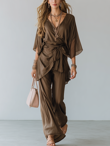 Dark Brown Overlapping Tie-waist Wide-leg Pants Set