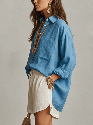 Bohemian Style Soft Blue Lightweight Shirt And Shorts