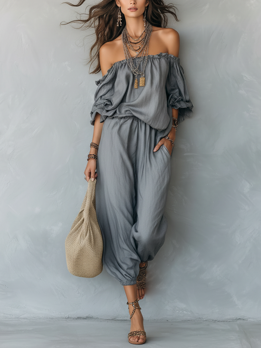 Bohemian-style Draped Gray Jumpsuit