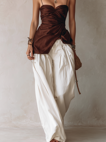Bohemian Style Satin Twist Knot Brown Camisole Top And Linen Off White Wide Leg Pants