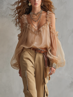 Ethereal Sand Beige Sheer Cold-Shoulder Ruffled Blouse