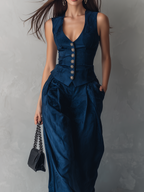 Minimalist And Sophisticated Style  Deep Sea Blue Wide leg Trousers