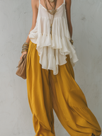 Off White And Turmeric Yellow Bohemian Style Ruffled Strap Top And Lantern Pants Set