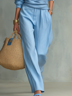 Refreshing Sky Blue Pleated Wrap-Front Wide-Leg Trouser Co-ord Set