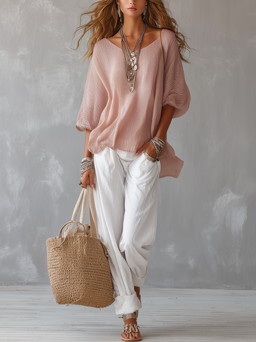 Casual Light Pink Suit With Lantern Sleeves