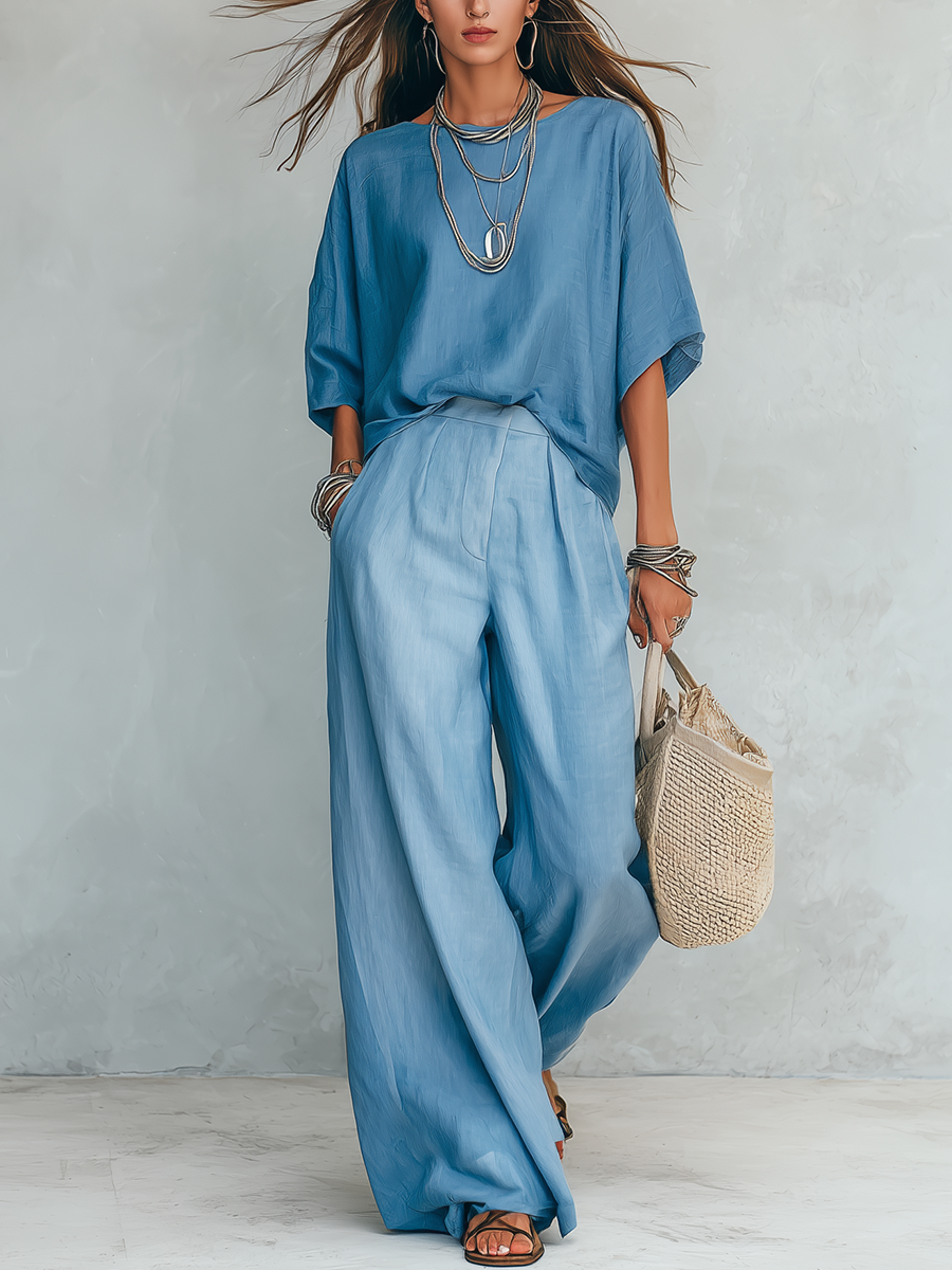 Relaxed Vacation Style Light Blue Linen Suit