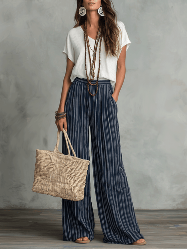 Relaxed Effortless Bohemian Stripe Wide-Leg Pants Set