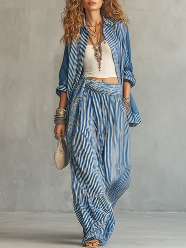 Bohemian Distressed Striped Shirt And Wideleg Pants Set