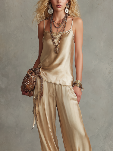 Elegant Champagne Gold Satin Camisole Top And Trousers Set