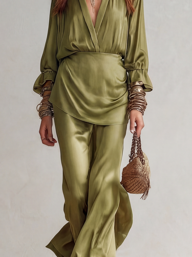 Bohemian Style Olive Green V Neck Fitted Suit