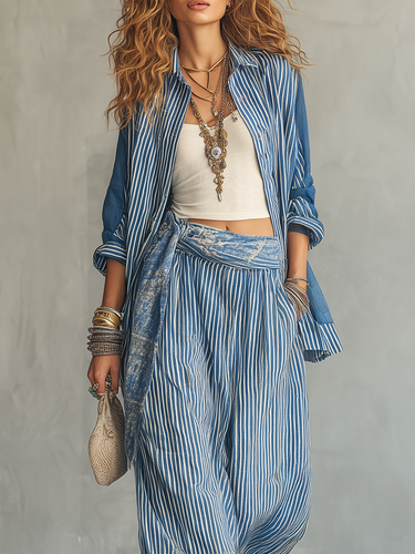 Bohemian Distressed Striped Shirt And Wideleg Pants Set