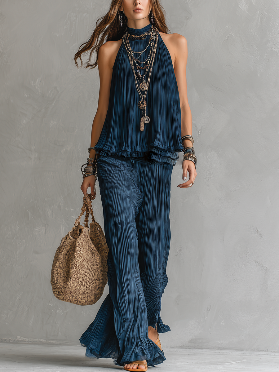 Midnight Blue Pleated Off-the-shoulder Top And Wide-leg Pants Set