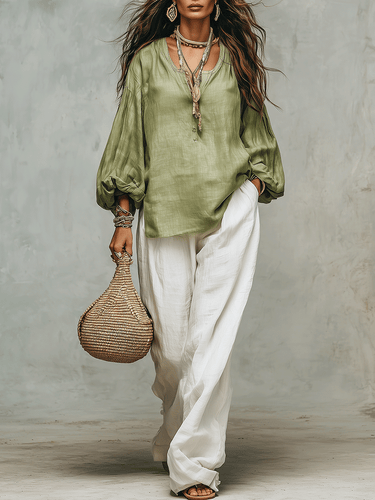Sage Linen Blouse & Relaxed White Trousers Everyday Escape Set