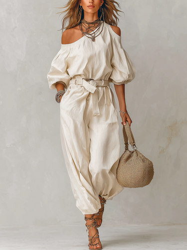 Off-the-shoulder Linen Jumpsuit With Tie Straps