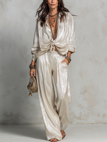 Bohemian Style Glossy Silver Wide Leg Pants Set