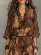 Earthy Leaf Print Relaxed Bohemian Maxi Set