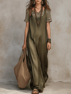 Olive Layered Boho Maxi Dress With Striped Underlay