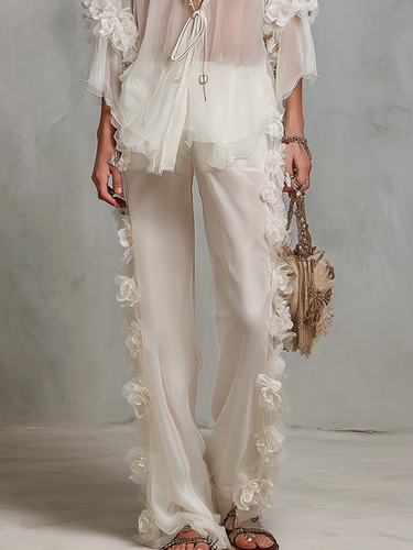Bohemian Style Sheer 3D Floral Cover Up Wide Leg Pants Suit