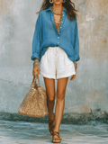 Bohemian Style Soft Blue Lightweight Shirt And Shorts