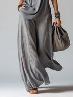 Casual Stand-collar Button-up Blouse & Wide-leg Pants Set