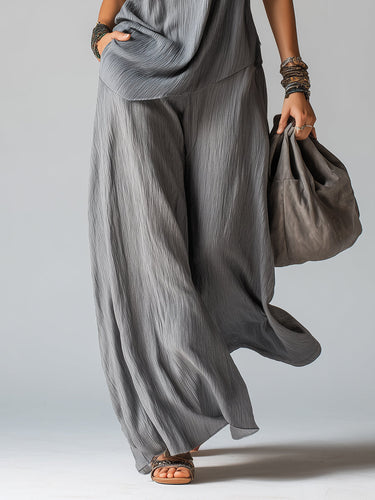 Casual Stand-collar Button-up Blouse & Wide-leg Pants Set