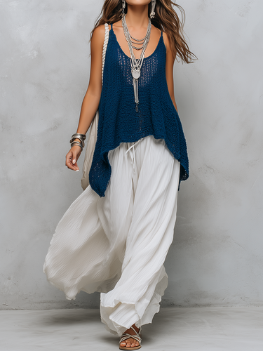 Bohemian Style Openwork Knit Two piece Set With Flowing Wide leg Pants