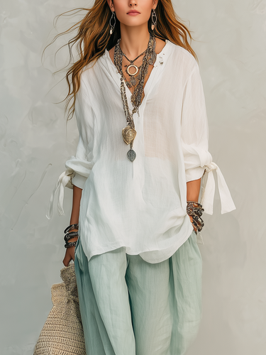 Bohemian Style White Shirt And Sage Green Trousers