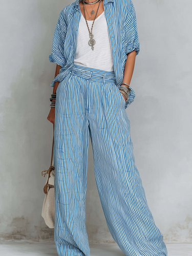 Casual Blue And White Striped Shirt And Wide Leg Pants Set