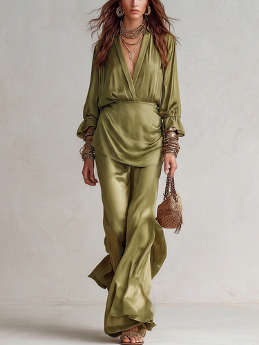 Bohemian Style Olive Green V Neck Fitted Suit