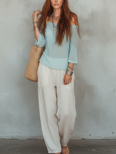 Comfortable Light Blue Knitted Sweater And Wide Leg Pants Set
