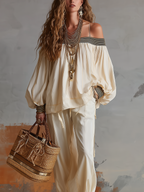 Creamy White Stylish And Casual Off The Shoulder Outfit