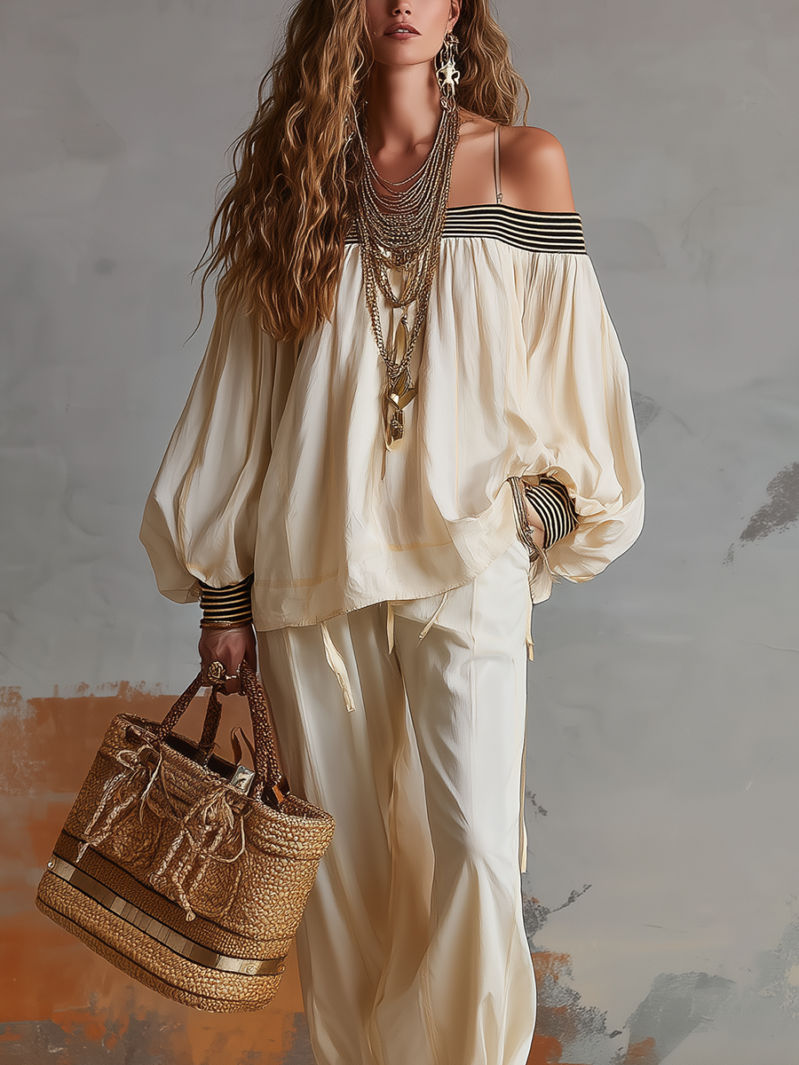 Creamy White Stylish And Casual Off The Shoulder Outfit
