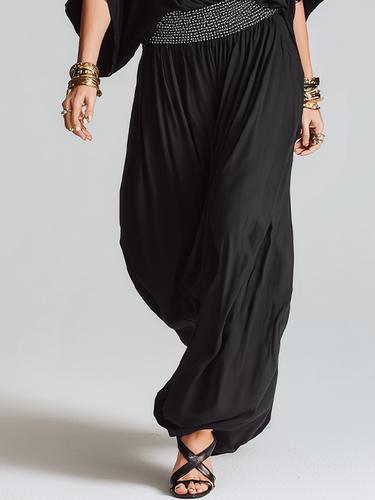 Elegant Black Draped Top & Wide-Leg Pants Set