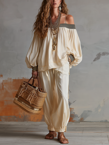 Creamy White Stylish And Casual Off The Shoulder Outfit