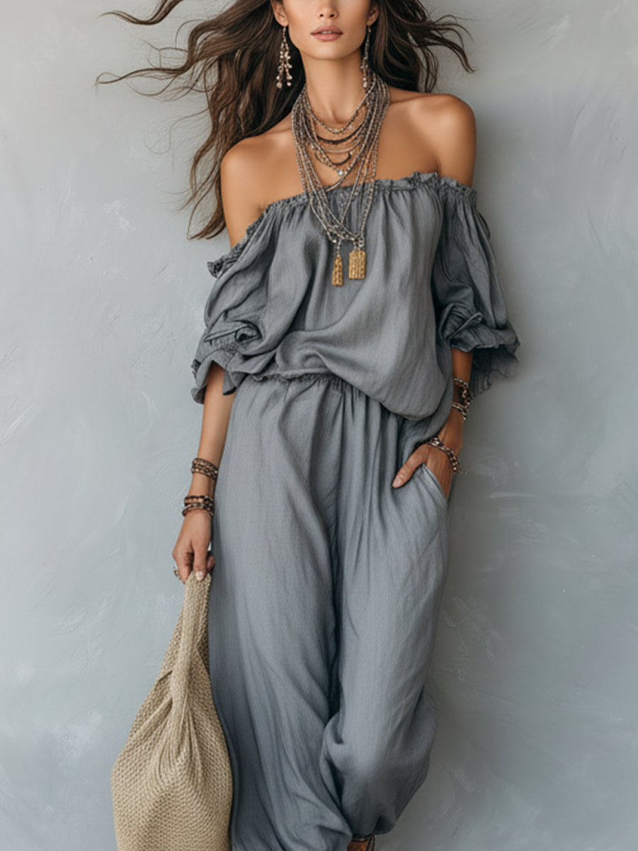 Bohemian-style Draped Gray Jumpsuit