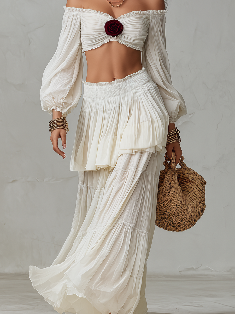 Bohemian Style  Crop Top Ruffled Long Skirt Two piece Set