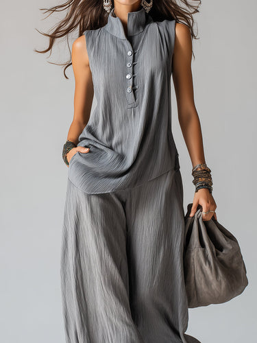 Casual Stand-collar Button-up Blouse & Wide-leg Pants Set