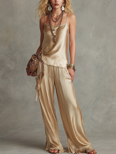 Elegant Champagne Gold Satin Camisole Top And Trousers Set