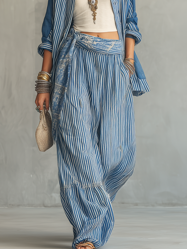 Bohemian Distressed Striped Shirt And Wideleg Pants Set