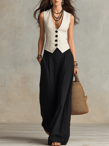 Relaxed Linen Bohemian Vest & Wide-Leg Flowing Pant Set