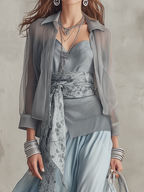Elegant Dusty Blue Sheer Blouse & Fitted Maxi Dress Co-ord Set