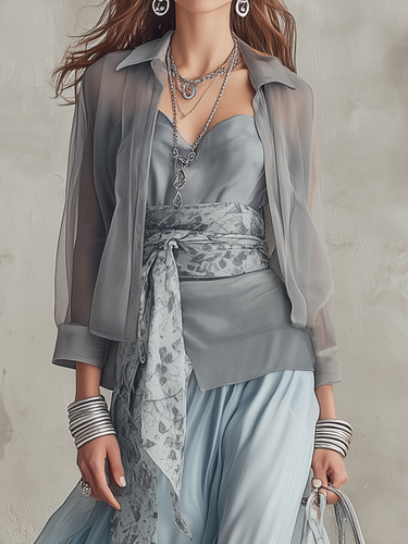 Elegant Dusty Blue Sheer Blouse & Fitted Maxi Dress Co-ord Set