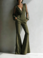 Sheer-Sleeve Ribbed Knit Set