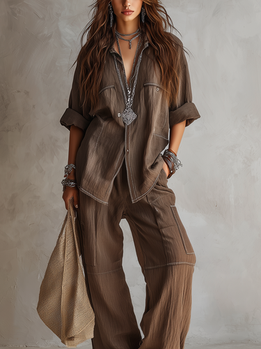 Brown Loose Fitting Linen Bohemian Style Two Piece Set