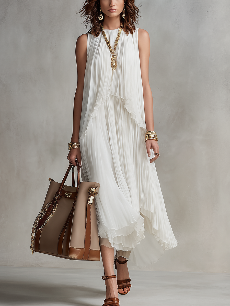 Elegant Pleated Sleeveless Top & Asymmetric Skirt Set
