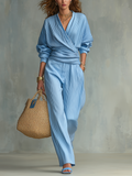 Refreshing Sky Blue Pleated Wrap-Front Wide-Leg Trouser Co-ord Set