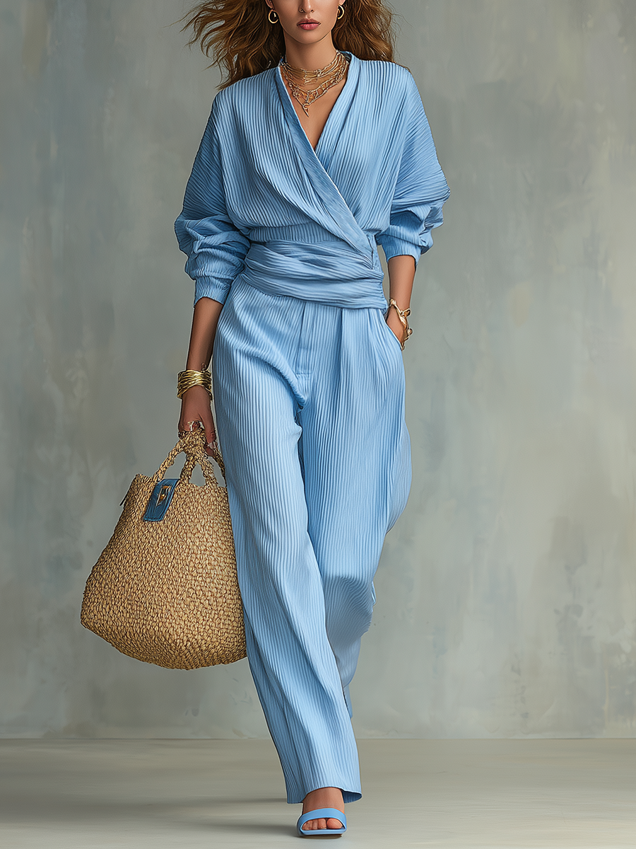Refreshing Sky Blue Pleated Wrap-Front Wide-Leg Trouser Co-ord Set